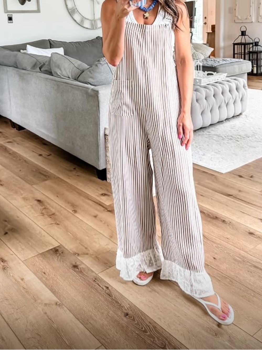 Beige & White Striped Wide-Leg Jumpsuit with Lace Hem🚌